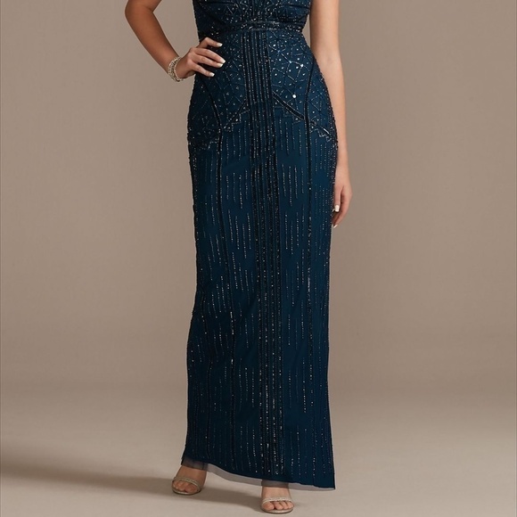 GALINA SIGNATURE Navy Beaded V-Neck Spaghetti Strap Mesh Sheath Dress Size 2. - Picture 2 of 5